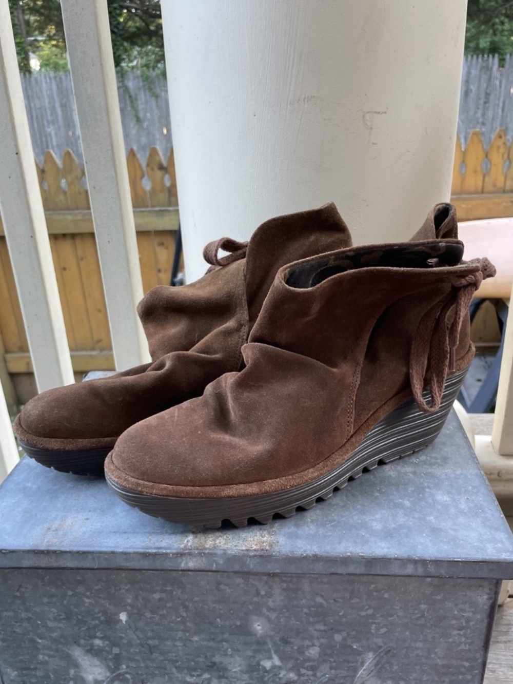 Fly London Yebi Brown Suede Scrunch Ankle Wedge Boots Size EU 40 US 9
